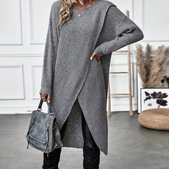 Grey Casual Womens Solid Wrap Hem Sweater - Picture 5 of 6